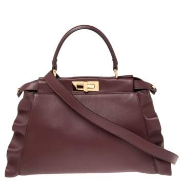 Pre Owned Fendi Burgundy Leather Medium Peekaboo Ruffle Top Handle Bag