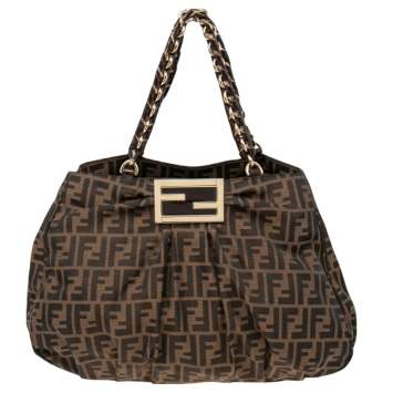 Pre Owned Fendi Tobacco Zucca Canvas and Patent Leather Large Mia Chain Tote