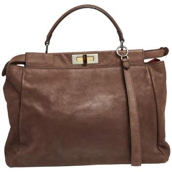 Pre Owned Fendi Brown Leather and Python Lining Large Peekaboo Top Handle Bag