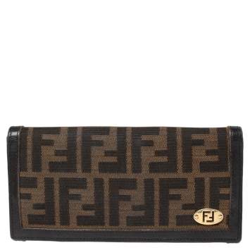 Pre Owned Fendi Tobacco Zucca Canvas and Leather Flap Continental Wallet