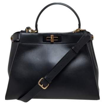Pre Owned Fendi Black Leather Medium Peekaboo Top Handle Bag