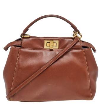 Pre Owned Fendi Brown Leather Mini Peekaboo Top Handle Bag