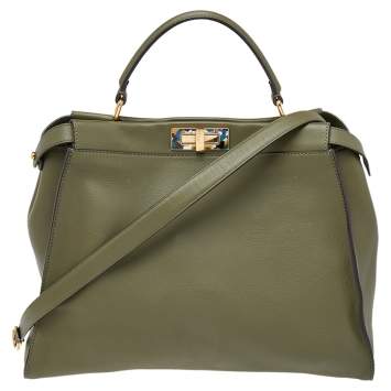 Pre Owned Fendi Green Leather Peekaboo Top Handle Bag