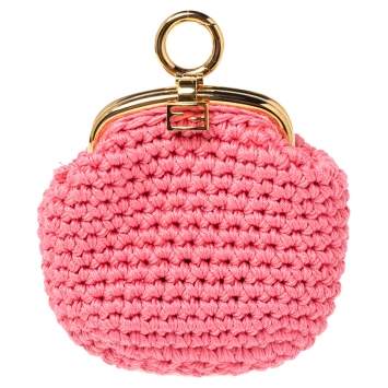 Pre Owned Fendi Pink Woven Fabric Framed Coin Purse 
