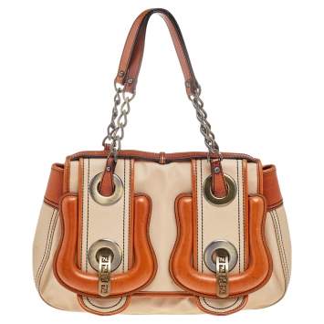 Pre Owned Fendi Beige/Tan Fabric And Leather B Bag Satchel