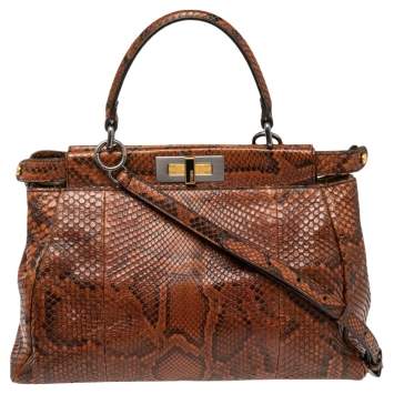 Pre Owned Fendi Brown Python Medium Peekaboo Top Handle Bag