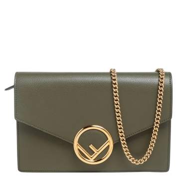 Pre Owned Fendi Olive Green Leather F Wallet On Chain 