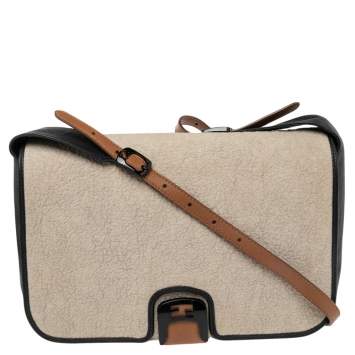 Pre Owned Fendi Black/Off White Leather and Textured Fabric Chameleon Shoulder Bag