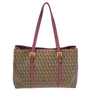 Pre Owned Fendi Pink/Brown Zuccachino Coated Canvas and Leather Trim Shopper Tote
