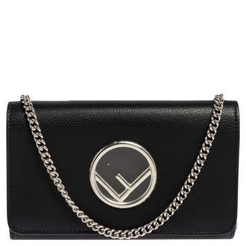 Pre Owned Fendi Black Leather Small Divisa F Wallet On Chain Clutch