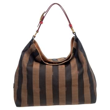 Pre Owned Fendi Tobacco/Red Pequin Striped Canvas and Leather Large Hobo