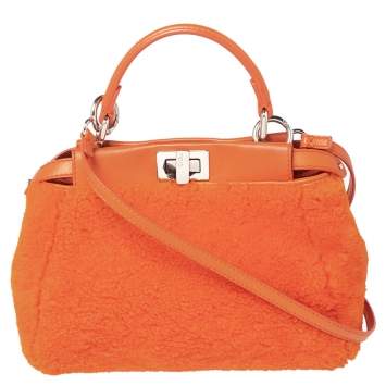Pre Owned Fendi Orange Leather and Shearling Mini Peekaboo Top Handle Bag