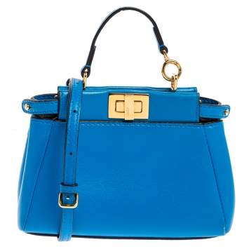 Pre Owned Fendi Blue Leather Micro Peekaboo Crossbody Bag
