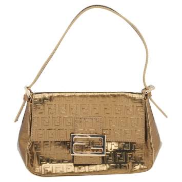 Pre Owned Fendi Gold Leather Zucchino Mama Baguette Bag