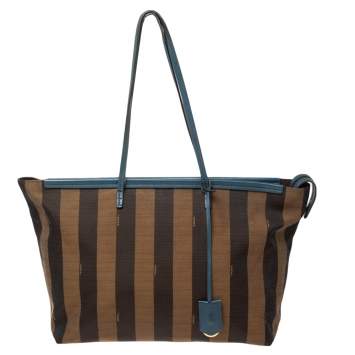 Pre Owned Fendi Blue/Tobacco Pequin Canvas and Leather Roll Tote