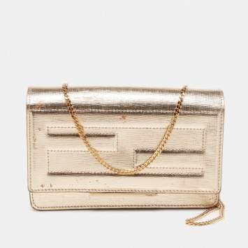 Pre Owned Fendi Gold Laminated Leather Tube On Chain Wallet