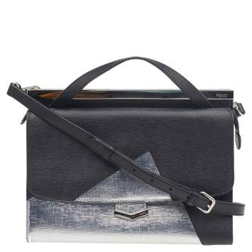 Pre Owned Fendi Black/Metallic Silver Textured Leather Small Demi Jour Top Handle Bag