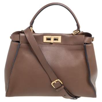 Pre Owned Fendi Dark Brown Leather Medium Peekaboo Top Handle Bag