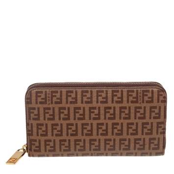 Pre Owned Fendi Brown/Beige Zucchino Coated Canvas Zip Around Wallet 