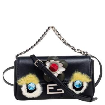 Pre Owned Fendi Black Leather and Fur Micro Monster Clutch