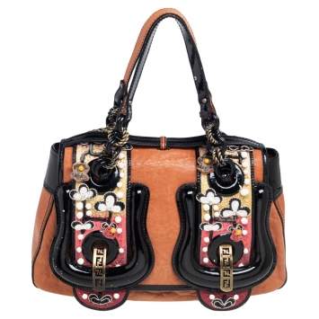 Pre Owned Fendi Brown/Black Patent Leather and Leather Embellished B Shoulder Bag