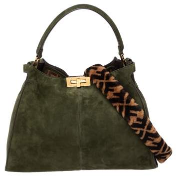 Pre Owned Fendi Green Suede Peekaboo X-Lite Large Top Handle Bag
