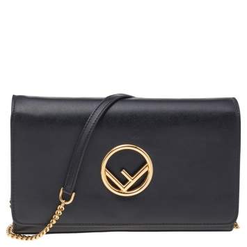 Pre Owned Fendi Black Leather Kan I F Wallet On Chain Clutch