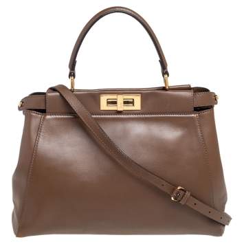 Pre Owned Fendi Dark Brown Leather Medium Peekaboo Top Handle Bag