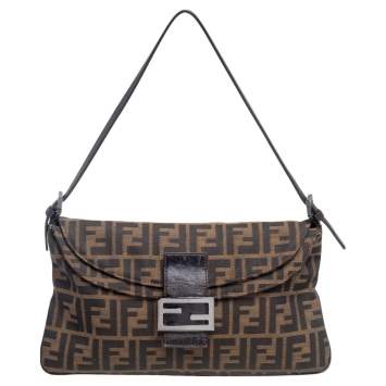 Pre Owned Fendi Tobacco Zucca Canvas and Leather Trim Baguette Bag