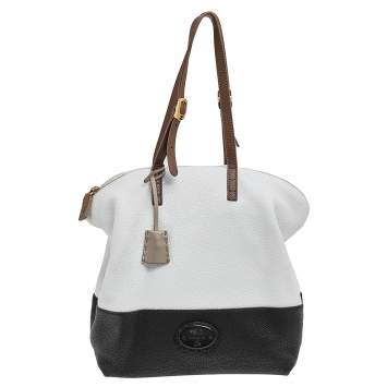 Pre Owned Fendi White/Black Leather Selleria 2Bag Tote
