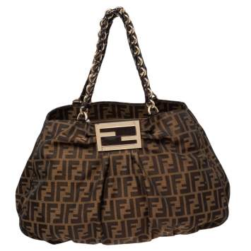 Pre Owned Fendi Tobacco Zucca Canvas and Patent Leather Large Mia Chain Tote