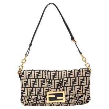 Pre Owned Fendi Black/Beige Zucca Canvas and Patent Leather Mia Flap Shoulder Bag