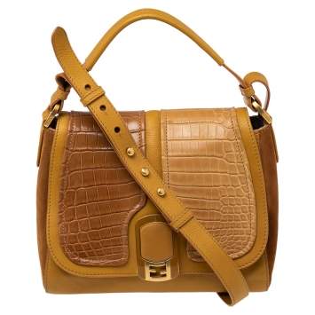 Pre Owned Fendi Beige/Mustard Crocodile, Suede, and Leather Anna Shoulder Bag