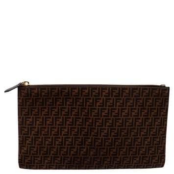 Pre Owned Fendi Tobacco Zucca Suede Flat Pouch