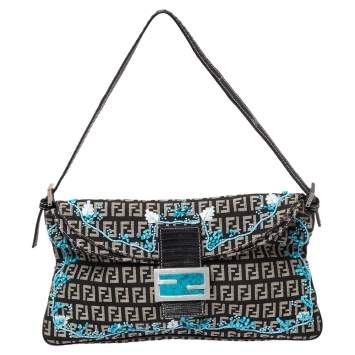 Pre Owned Fendi Beige/Black Zucca Canvas and Leather Embroidered Beaded Mama Shoulder Bag