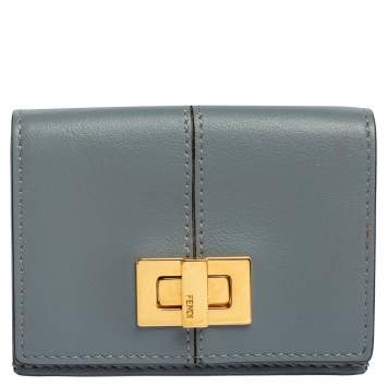 Pre Owned Fendi Dust Grey Leather Peekaboo Trifold Wallet