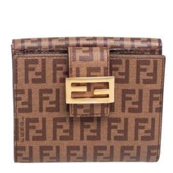 Pre Owned Fendi Brown Zucchino Coated Canvas Compact Wallet