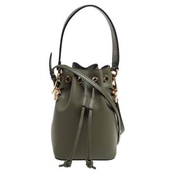 Pre Owned Fendi Green Leather Mini Mon Tresor Drawstring Bucket Bag