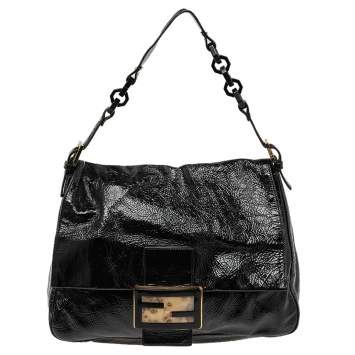 Pre Owned Fendi Black Crinkled Patent Leather Mama Baguette Shoulder Bag