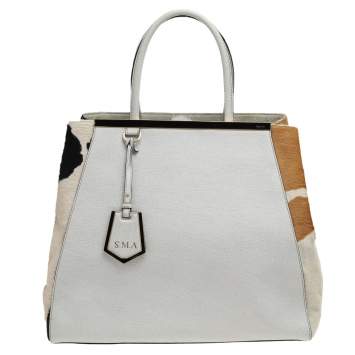 Pre Owned Fendi White/Brown Leather And Calf Hair Large 2jours Tote