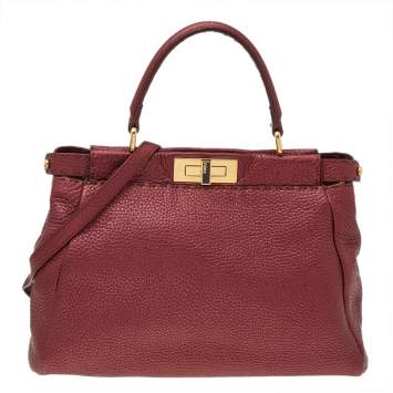 Pre Owned Fendi Metallic Ruby Red Selleria Leather Medium Peekaboo Top Handle Bag