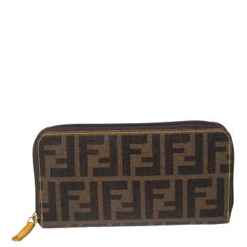 Pre Owned Fendi Tobacco Zucca Coated Canvas Zip Around Wallet