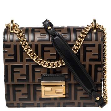 Pre Owned Fendi Black-Brown Zucca Leather Small Kan U Shoulder Bag
