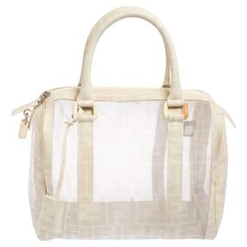 Pre Owned Fendi White Zucca Mesh and Coated Canvas Bauletto Boston Bag