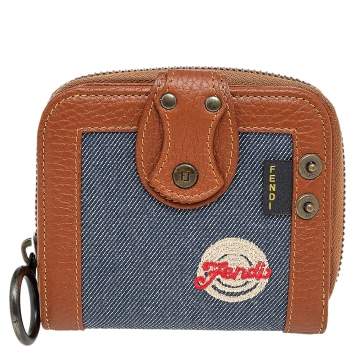 Pre Owned Fendi Brown/Blue Leather and Denim Compact Wallet