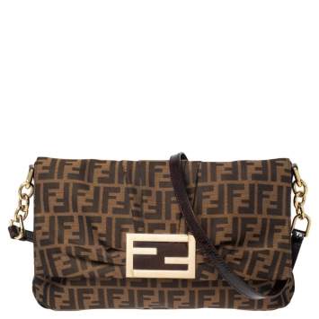 Pre Owned Fendi Tobacco Zucca Canvas and Patent Leather Mia Flap Bag