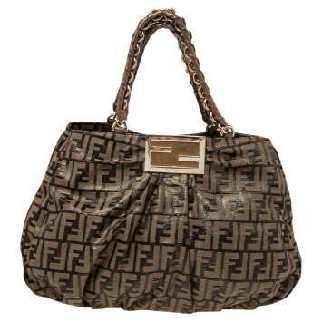 Pre Owned Fendi Gold Zucca Canvas and Leather Large Mia Chain Tote