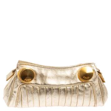 Pre Owned Fendi Gold Leather Zipper Clutch