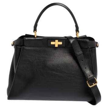 Pre Owned Fendi Black Leather Medium Peekaboo Top Handle Bag