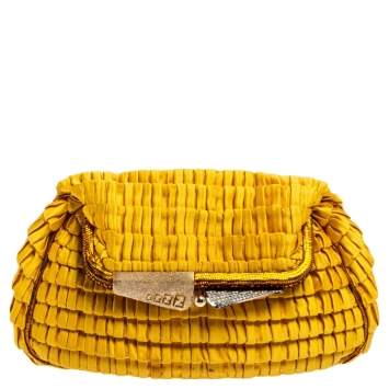Pre Owned Fendi Yellow Pleated Satin Chic Clutch